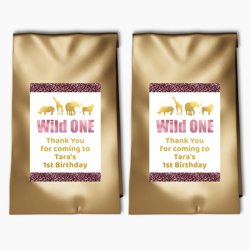 Personalised Rose Pink &amp; Gold Wild One Birthday Party Bags &amp; Labels