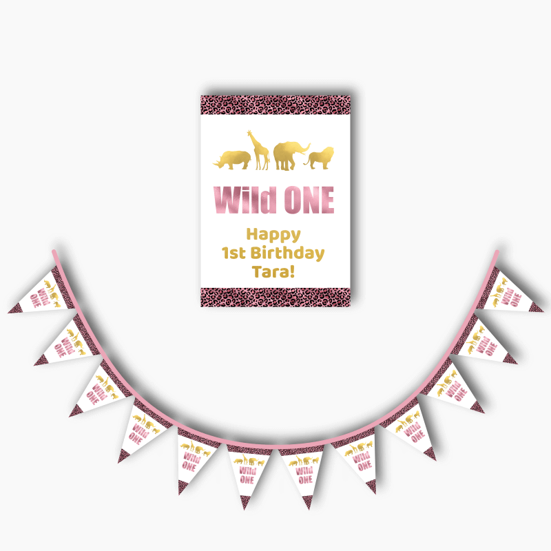Personalised Rose Pink &amp; Gold Wild One Party Poster &amp; Flag Bunting Combo