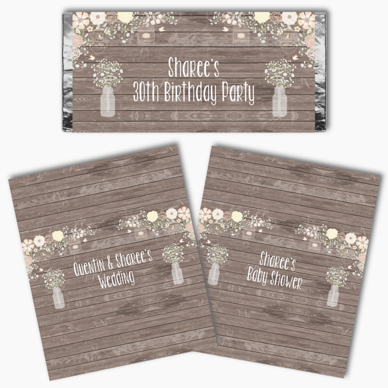 Rustic Timber &amp; Baby&#39;s Breath Party Chocolate Labels