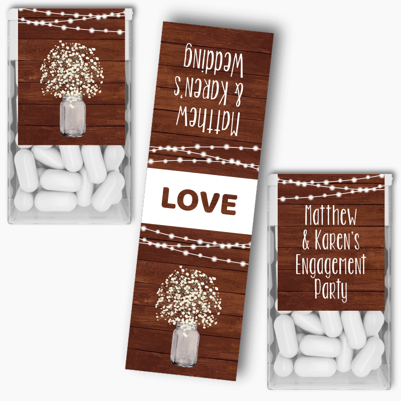 Personalised Rustic Timber &amp; Fairy Lights Party Tic Tac Labels