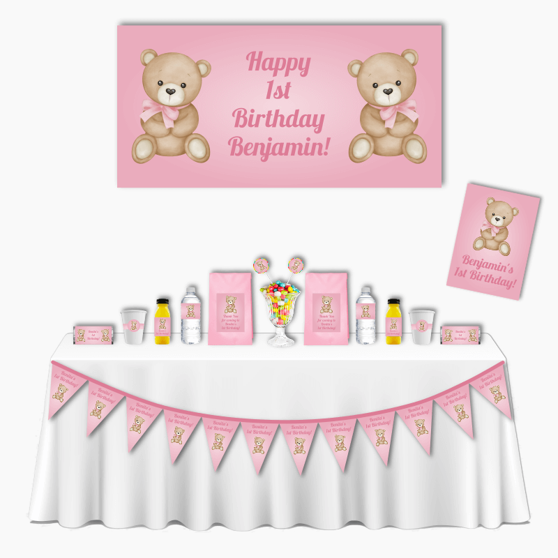 Personalised Pink Teddy Bear Deluxe Birthday Party Pack
