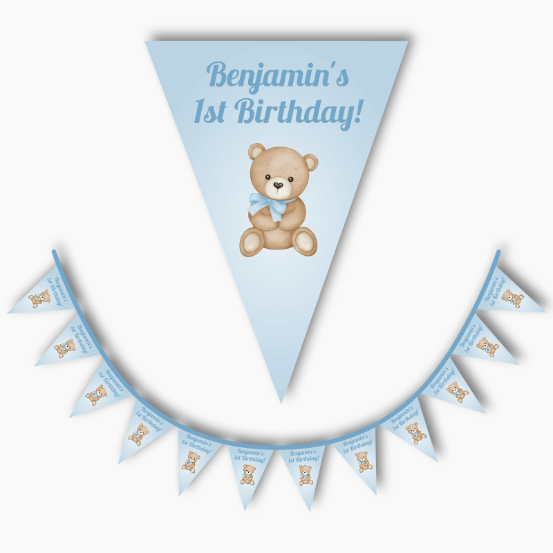 Personalised Teddy Bear Party Flag Bunting - Blue