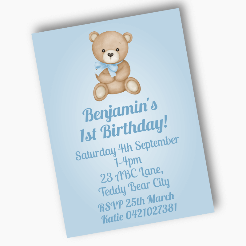 Personalised Teddy Bear Party Invites - Blue