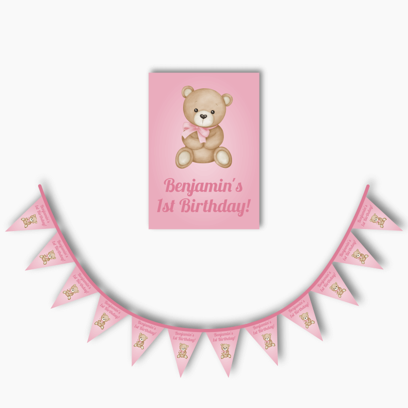 Teddy Bear Birthday Party Poster &amp; Bunting Combo - Pink