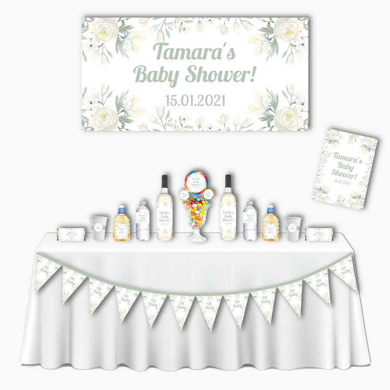 Personalised White Floral Deluxe Baby Shower Decorations Pack
