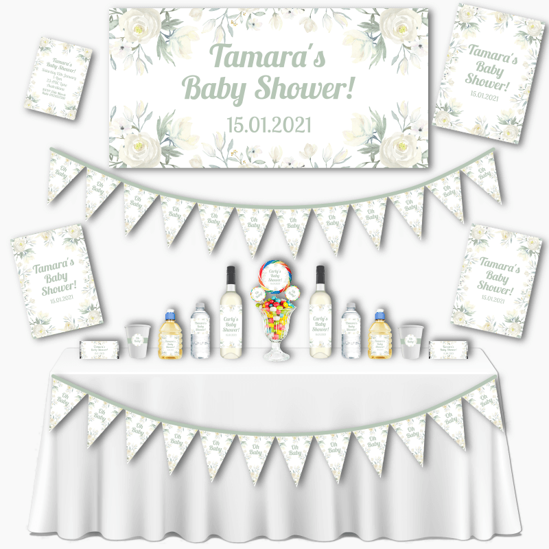 Personalised White Floral Grand Baby Shower Decorations Pack