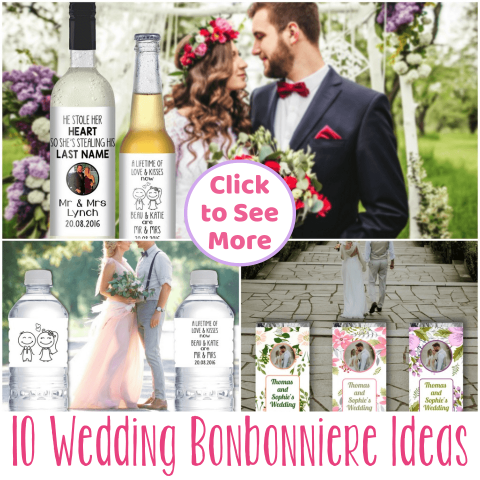 Wedding bonbonniere ideas collage featuring personalised wine bottle labels, custom mini alcohol bottles, and floral-themed favour packaging for weddings