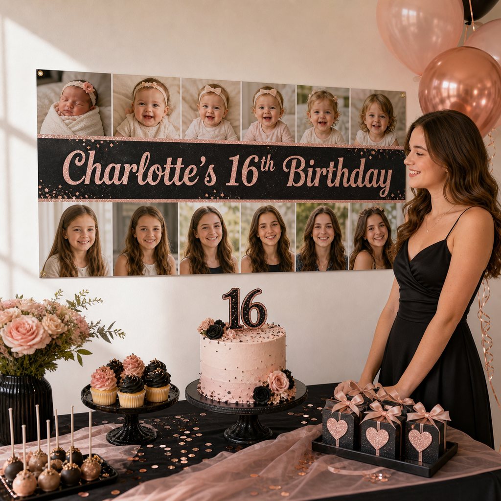 Personalised 16th birthday decorations with a stylish custom banner, cake and matching party favours.