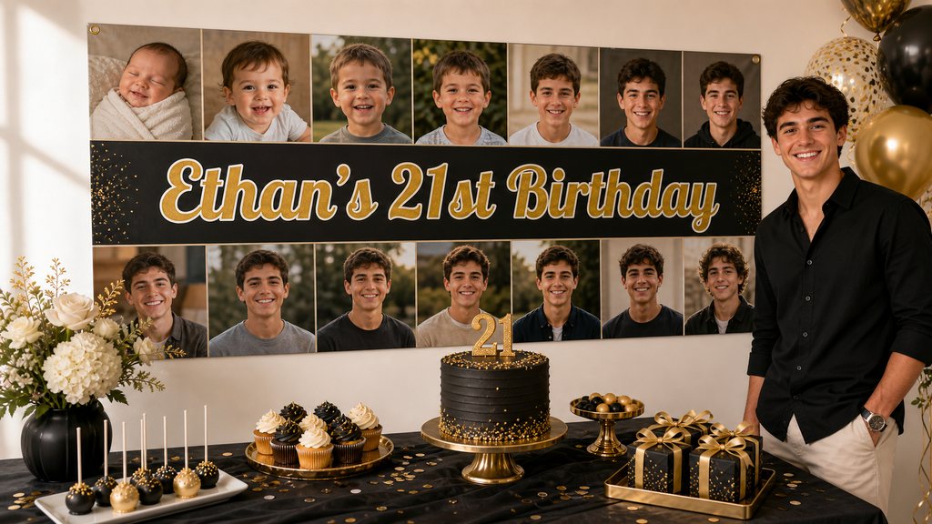 Personalised 21st birthday decorations with a black and gold photo collage banner, cake and matching party favours.