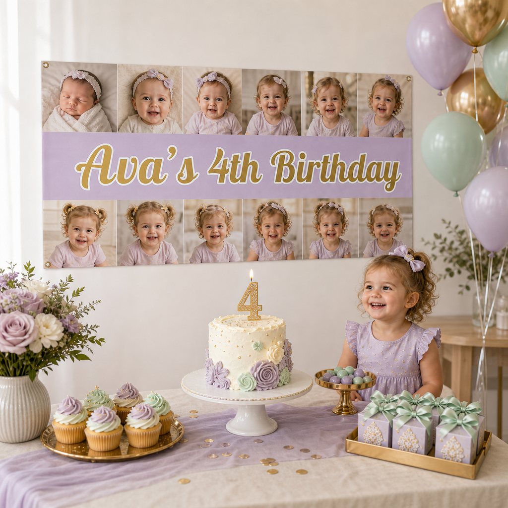 Personalised 4th birthday decorations with a custom party banner, cake, labels and matching party favours.
