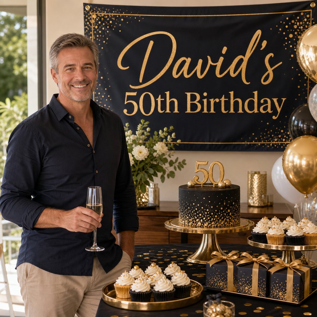 Personalised 50th birthday decorations with an elegant custom banner, cake and matching party favours.