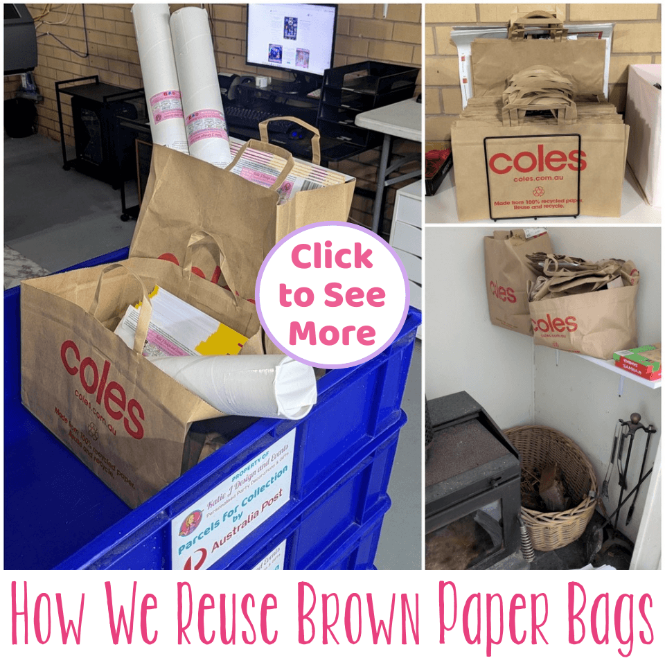 Katie J Design and Events reusing brown paper bags for packaging orders, storage and sustainable reuse in a Brisbane small business