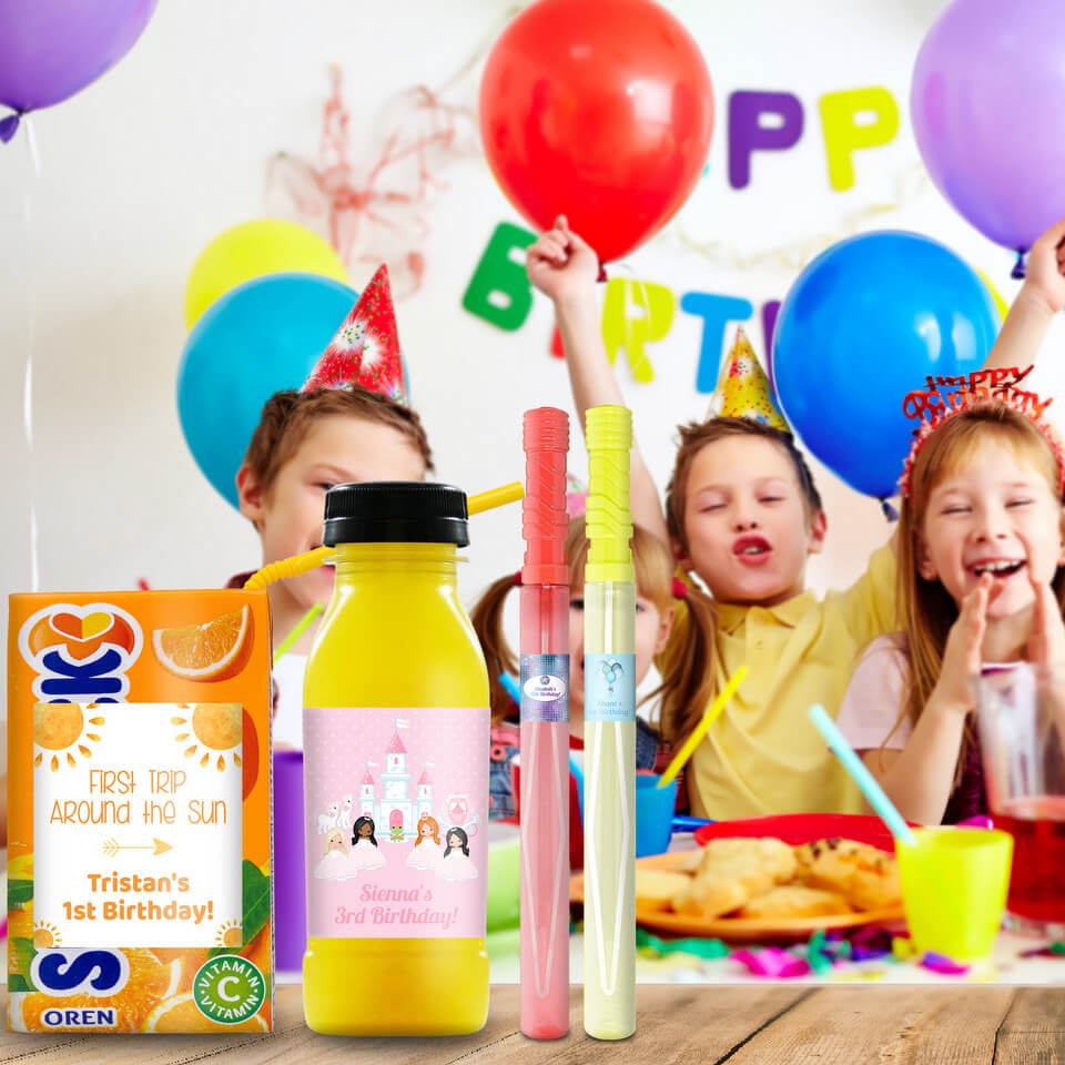 Personalised Party Rectangle Stickers for Drinks & Bubble Wands