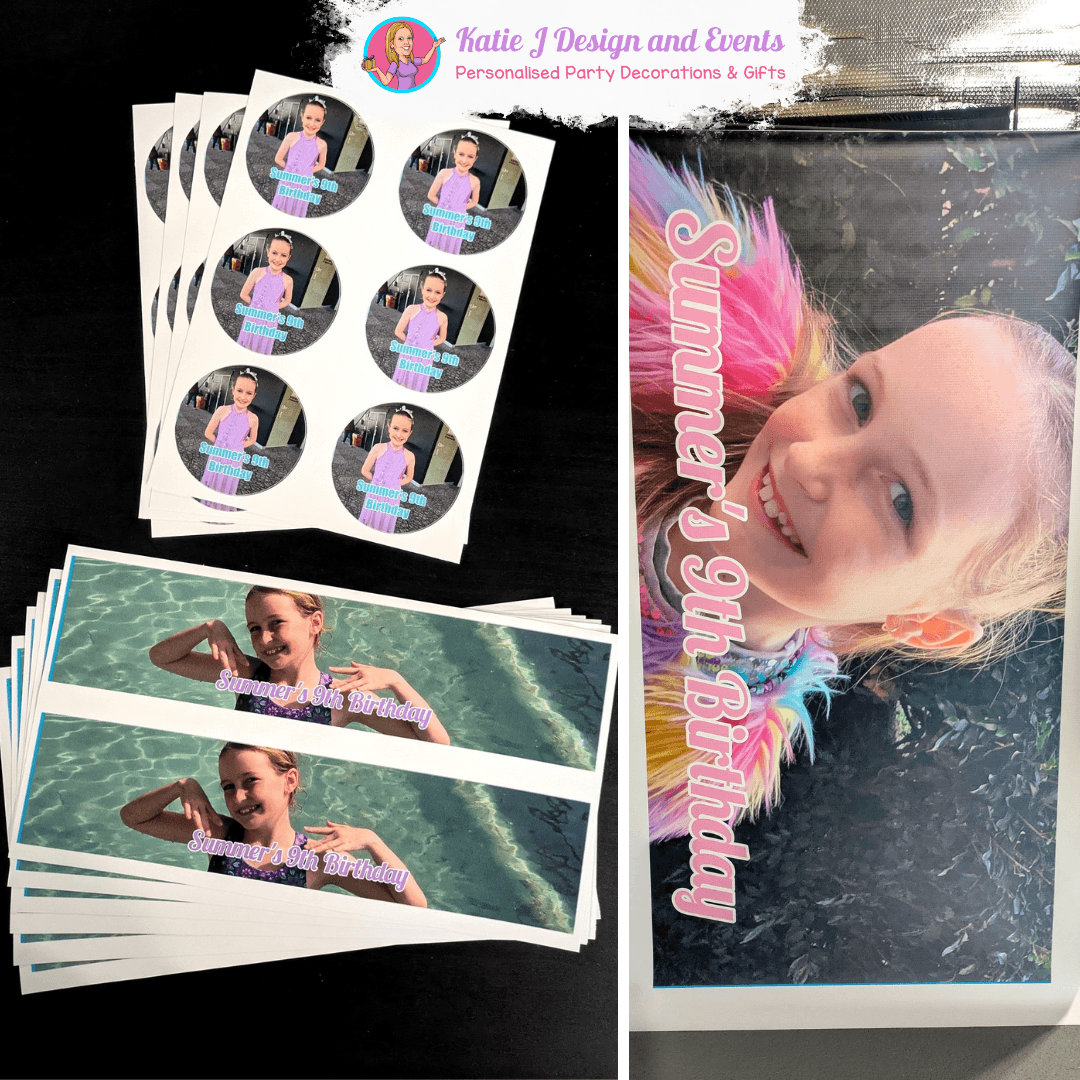 Personalised photo party decorations including birthday banner, stickers and labels for Summer's 9th birthday