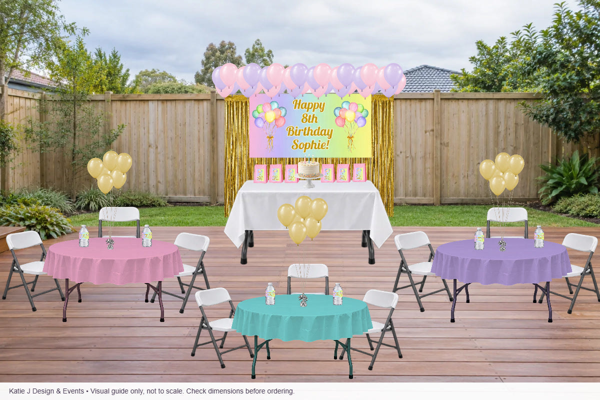 Completed pastel backyard birthday mock-up with rainbow banner, pink and lilac balloons, gold curtains and colourful guest tables.