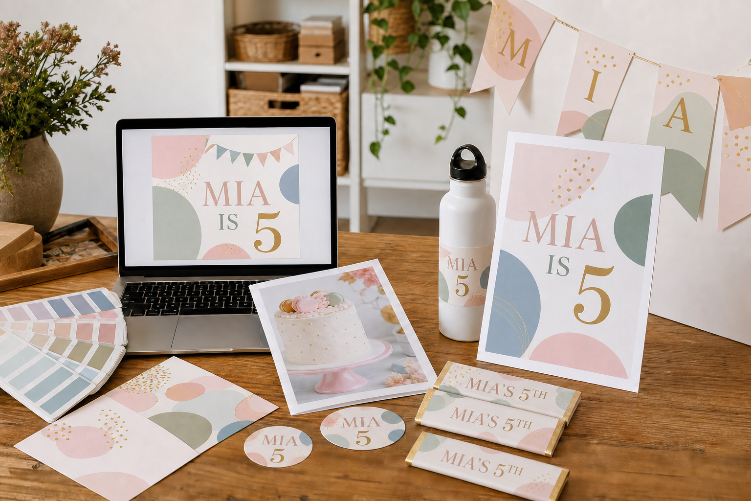 Personalised custom design workspace with matching Mia is 5 artwork on a banner, poster, bottle label, stickers and chocolate wrappers.