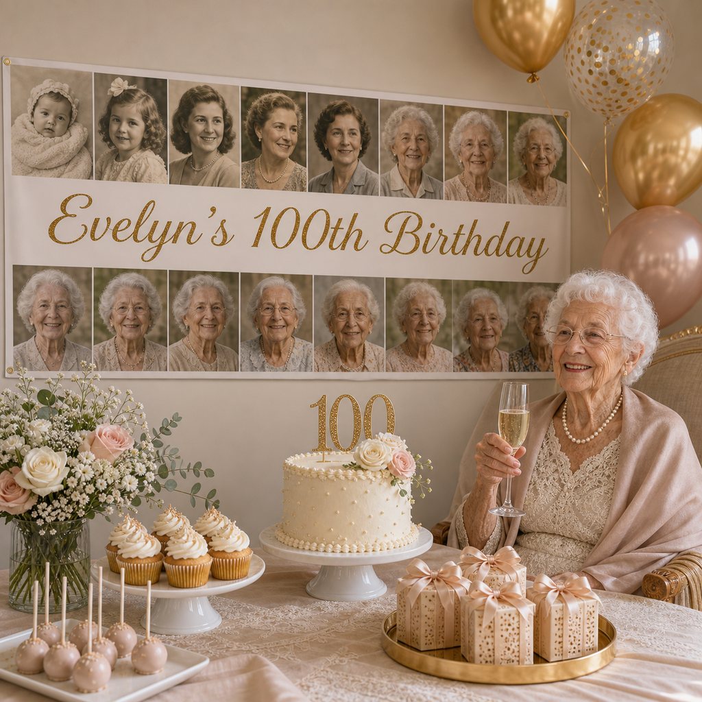 Personalised 100th birthday decorations with an ivory and champagne photo collage banner, cake, cupcakes and matching party favours.