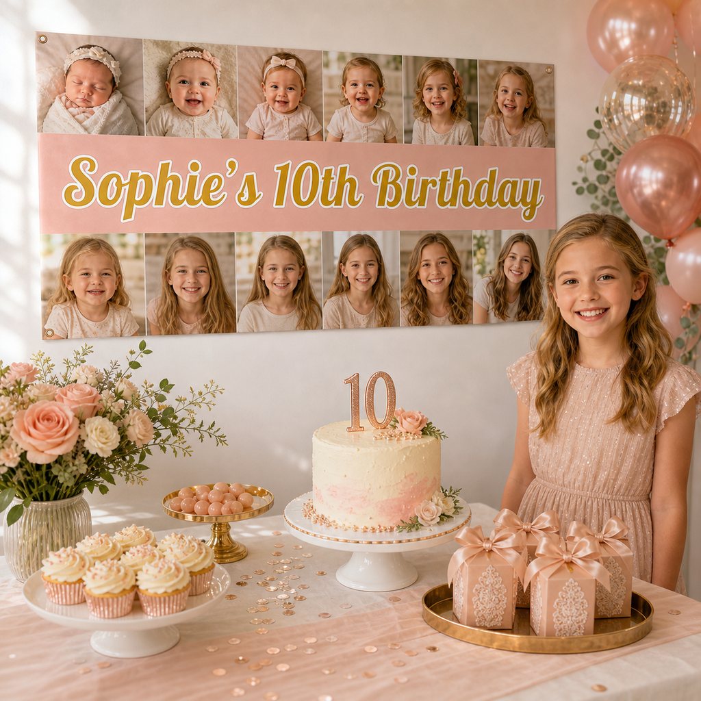 Personalised 10th birthday decorations with a blush and rose gold photo collage banner, cake, cupcakes and matching party favours.