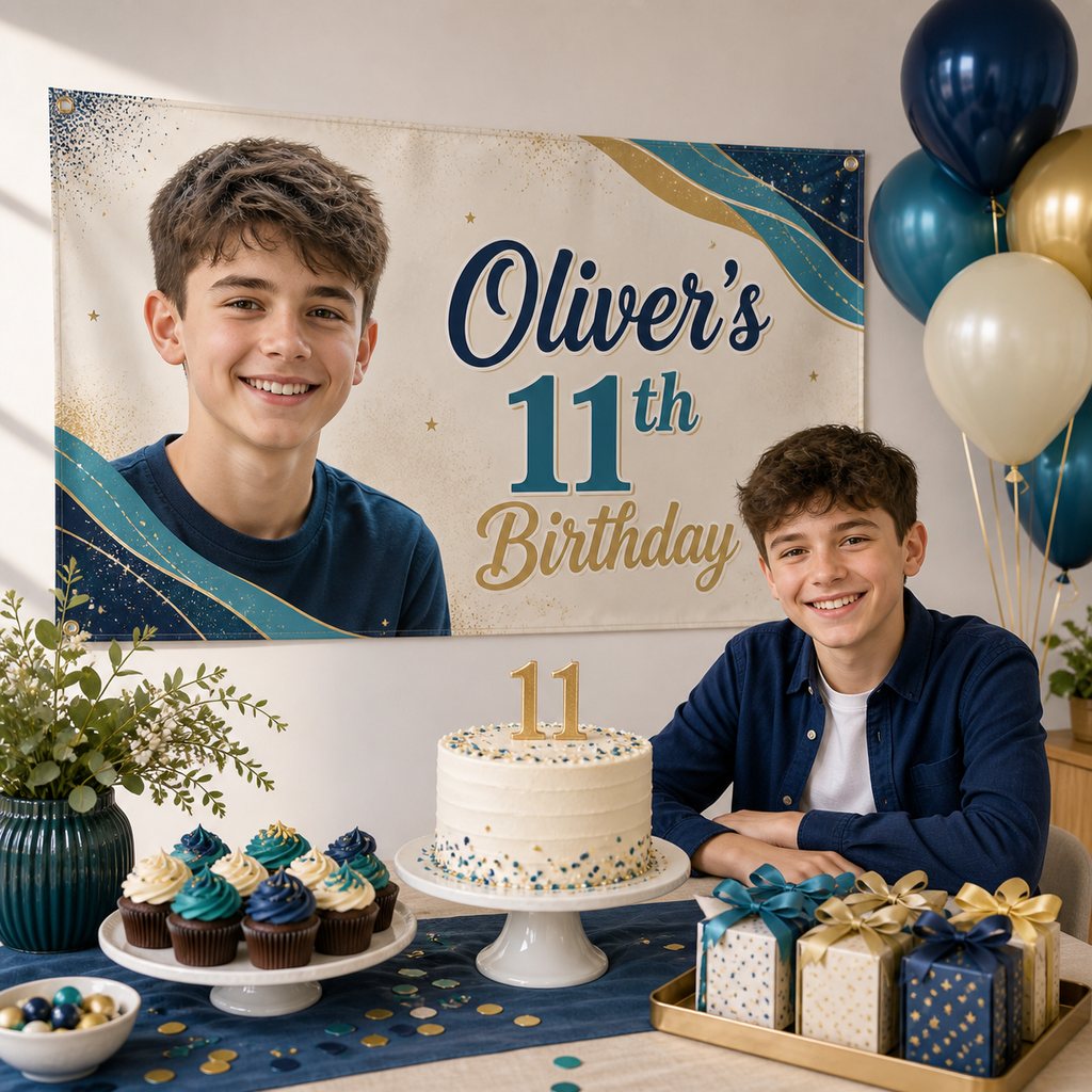 Personalised 11th birthday decorations with a navy and teal custom photo banner, cake, cupcakes and matching party favours.