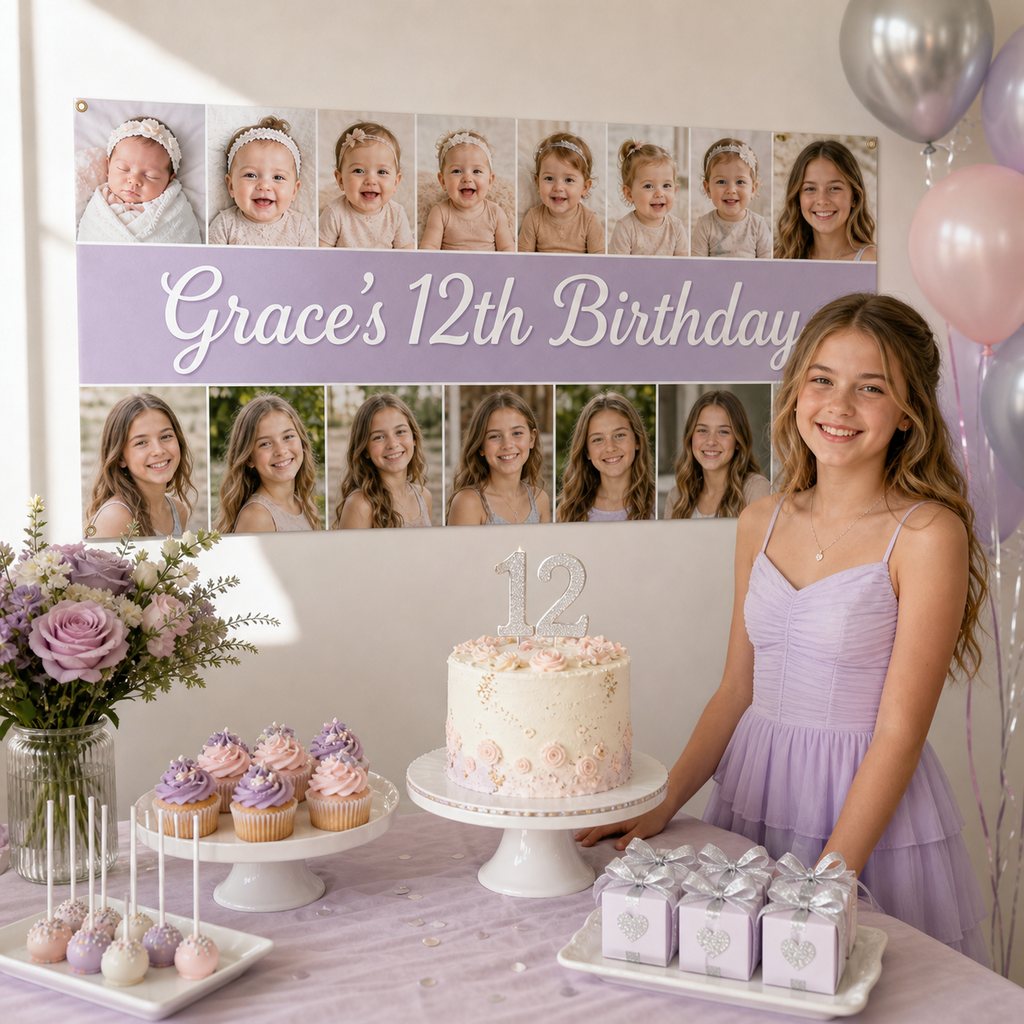 Personalised 12th birthday decorations with a lavender and silver photo collage banner, cake, cupcakes and matching party favours.