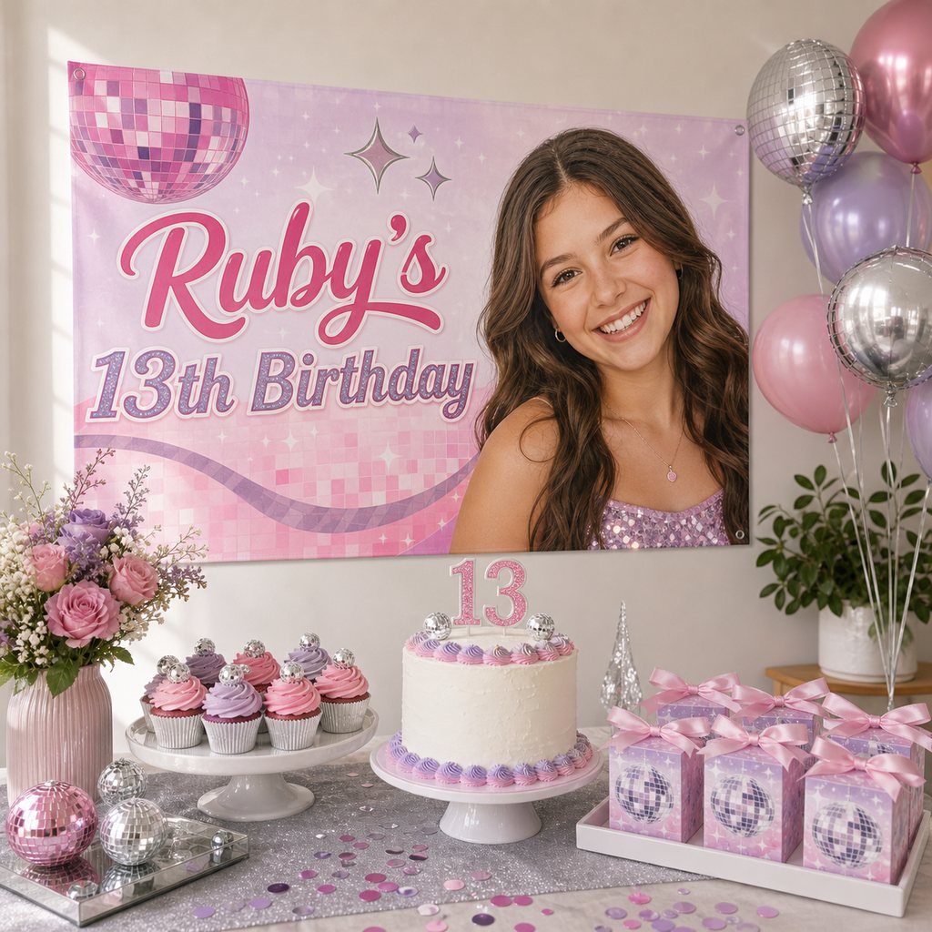 Personalised 13th birthday decorations with a pink and silver disco-style custom photo banner, cake, cupcakes and matching party favours.