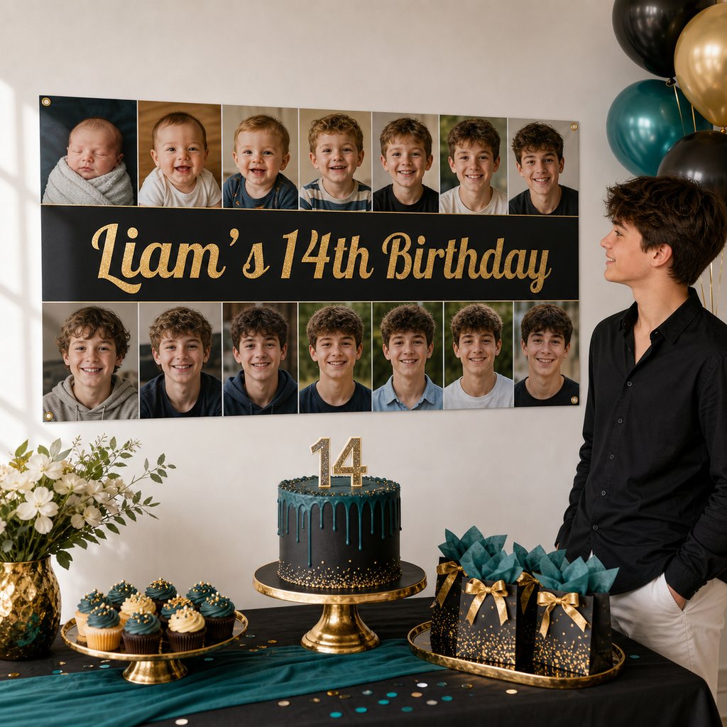 Personalised 14th birthday decorations with a black and teal photo collage banner, cake, cupcakes and matching party favours.