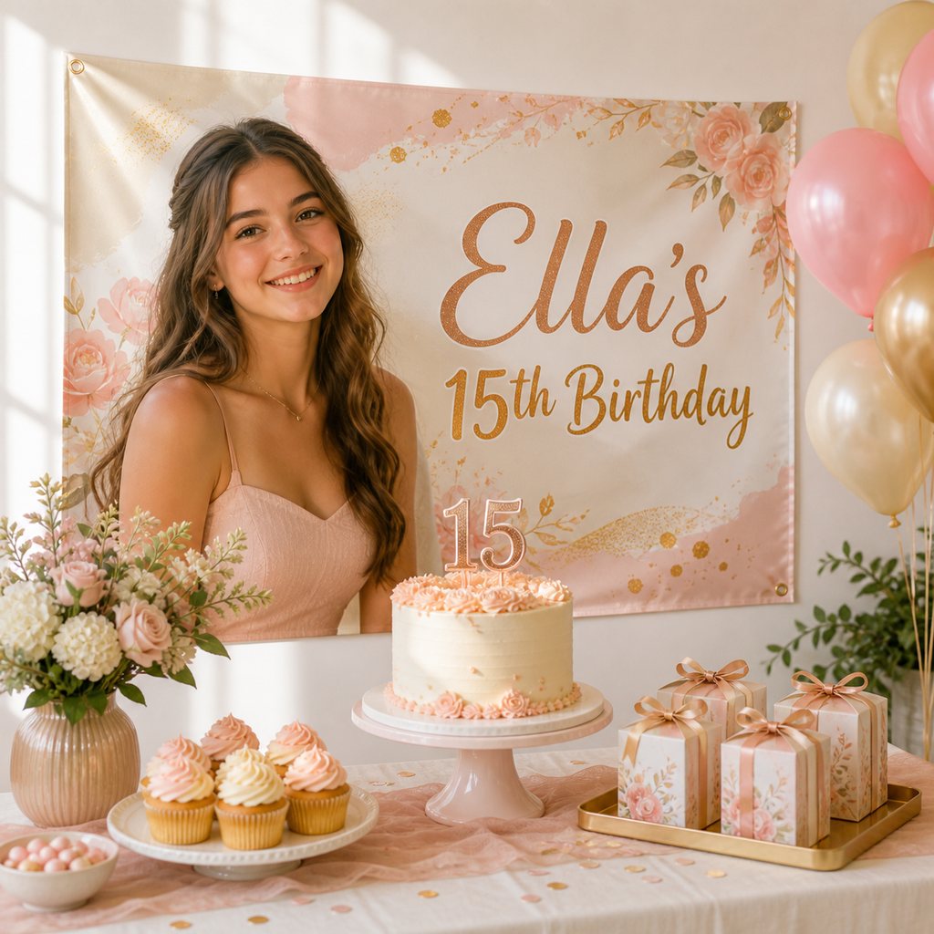 Personalised 15th birthday decorations with a blush pink and gold custom photo banner, cake, cupcakes and matching party favours.