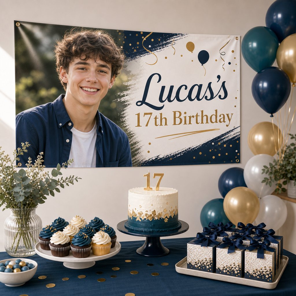 Personalised 17th birthday decorations with a custom photo banner, navy and gold cake, cupcakes and party favours.
