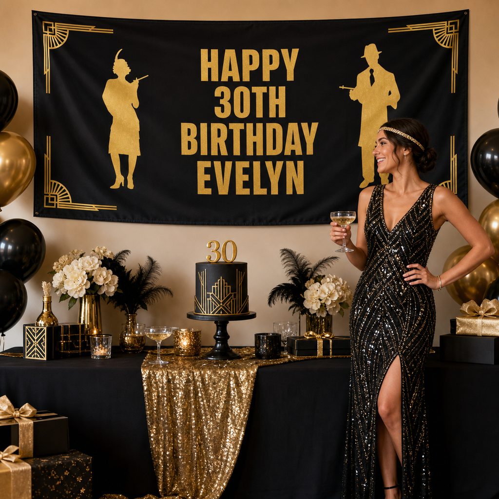 Personalised 1920s Gatsby 30th birthday decorations with Evelyn's black and gold banner and matching cake