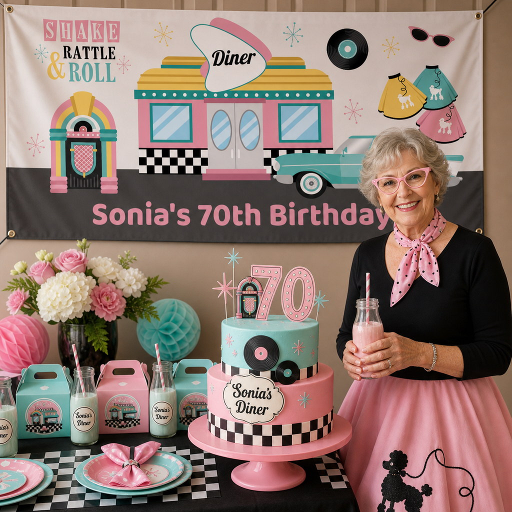 Personalised 1950s rock and roll 70th birthday decorations with Sonia's retro banner and matching cake