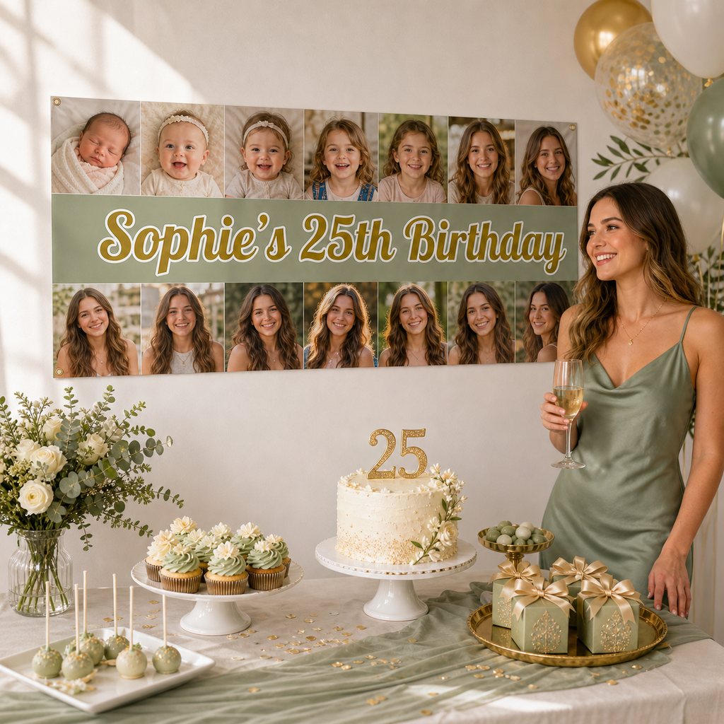 Personalised 25th birthday decorations with a sage and champagne photo collage banner, cake, cupcakes and matching party favours.