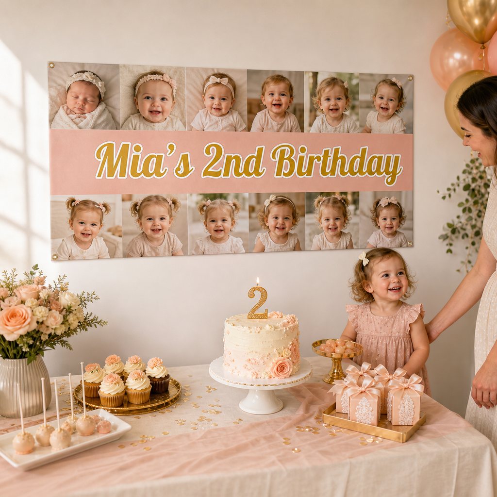 Personalised 2nd birthday decorations with a blush pink and gold photo collage banner, cake, cupcakes and matching party favours.