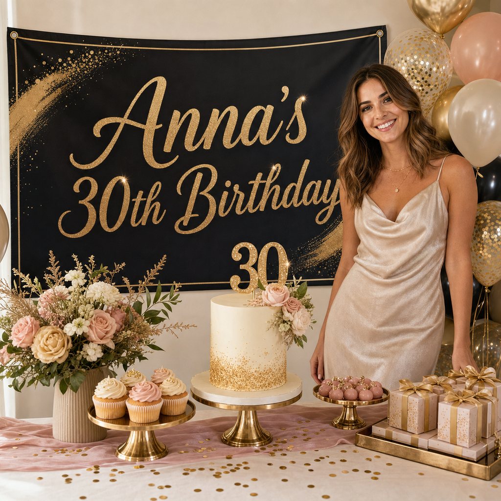 Personalised 30th birthday decorations with a black and champagne custom photo banner, cake, cupcakes and matching party favours.
