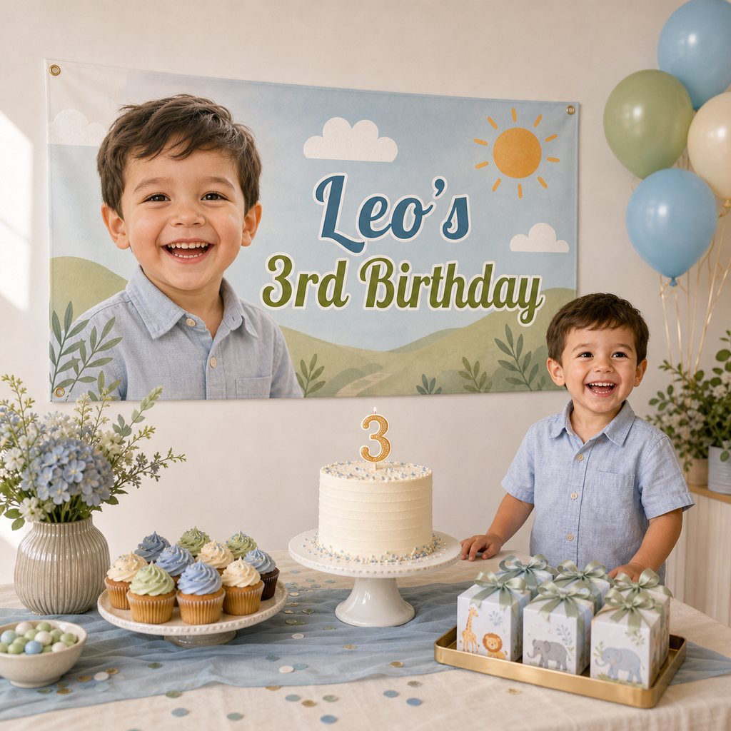 Personalised 3rd birthday decorations with a sky blue and sage custom photo banner, cake, cupcakes and matching party favours.