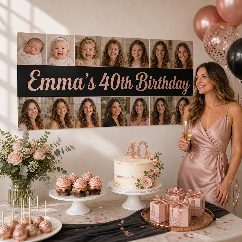 Personalised 40th birthday decorations with a black and rose gold photo collage banner, cake, cupcakes and matching party favours.