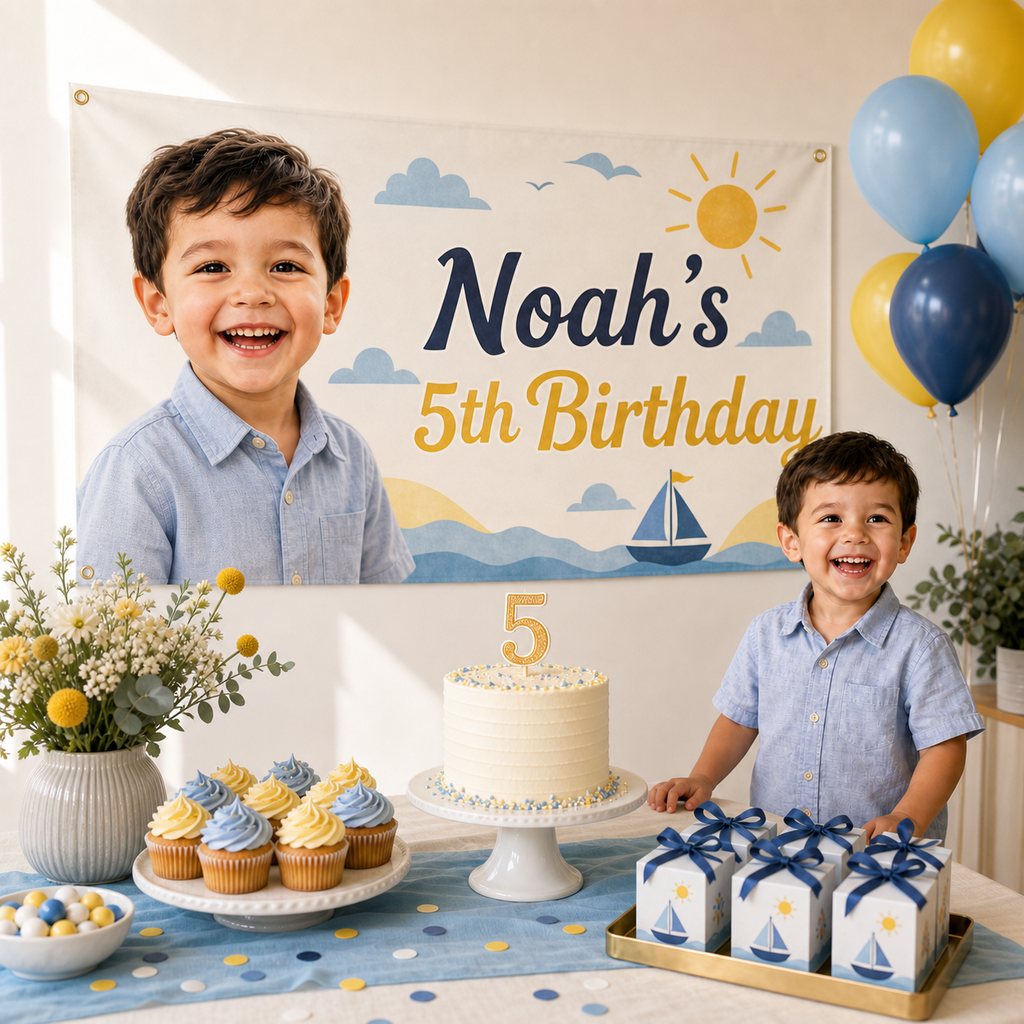Personalised 5th birthday decorations with a blue and yellow custom photo banner, cake, cupcakes and matching party favours.