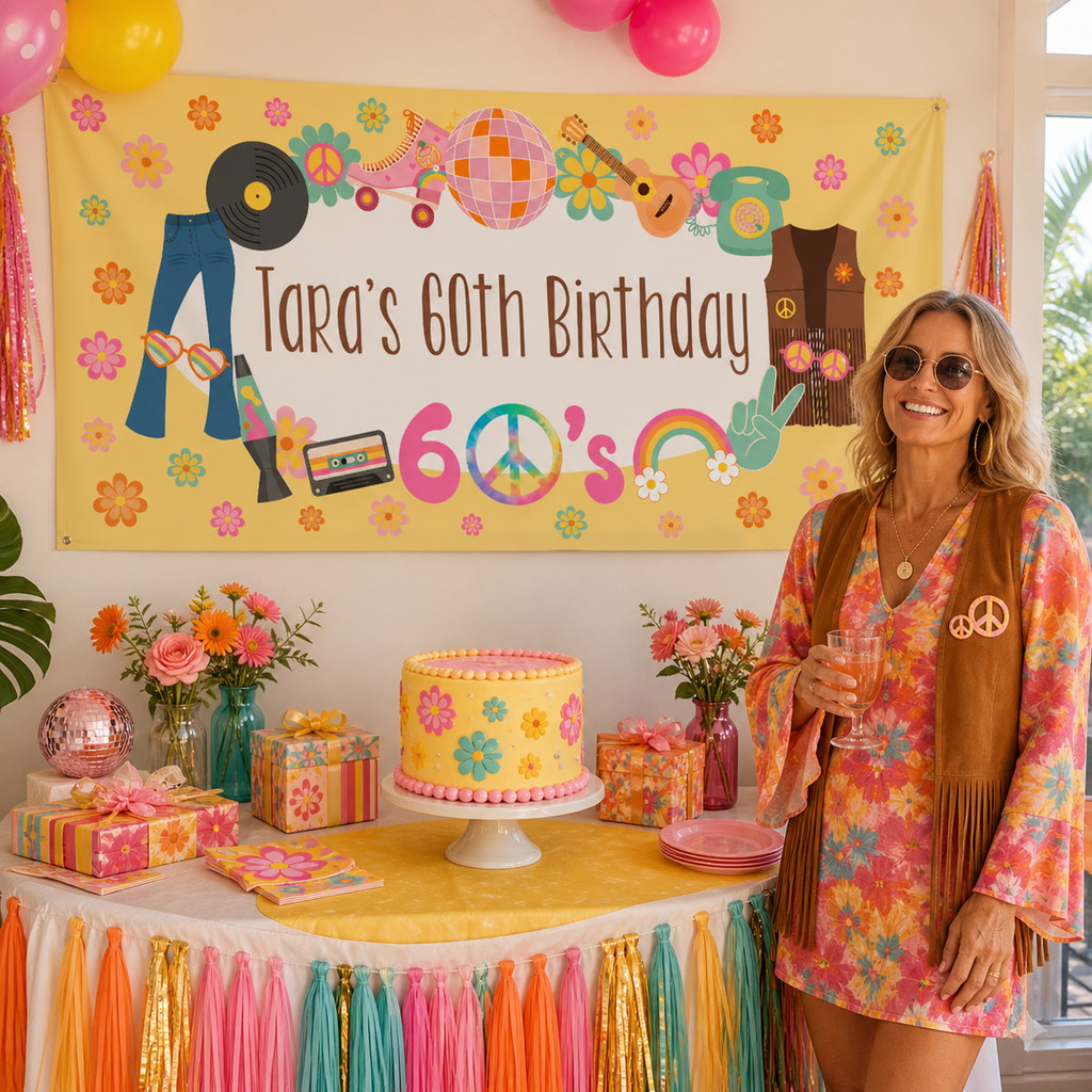 Personalised 60s birthday decorations with Tara's colourful flower-power banner and matching cake