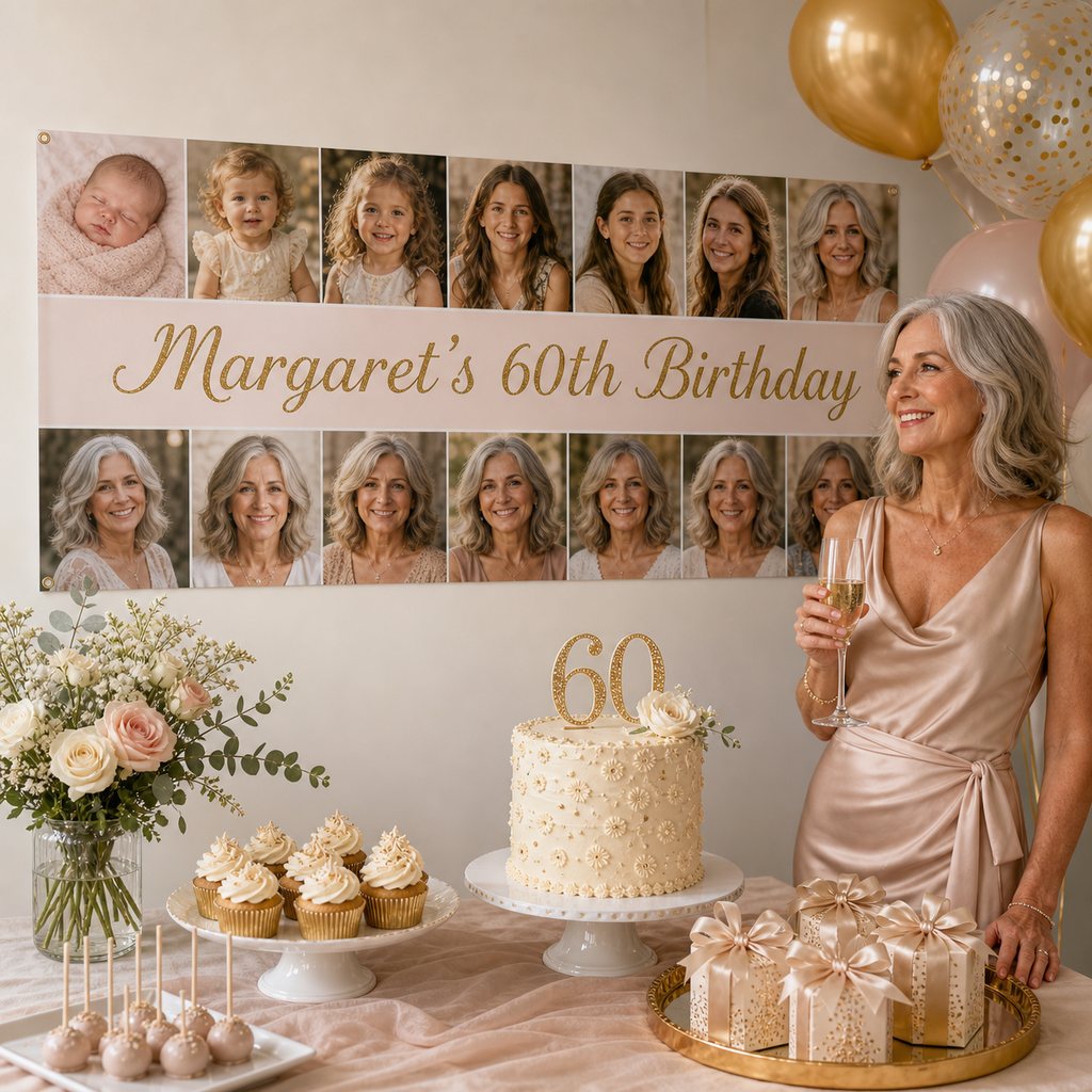 Personalised 60th birthday decorations with a champagne and ivory photo collage banner, cake, cupcakes and matching party favours.