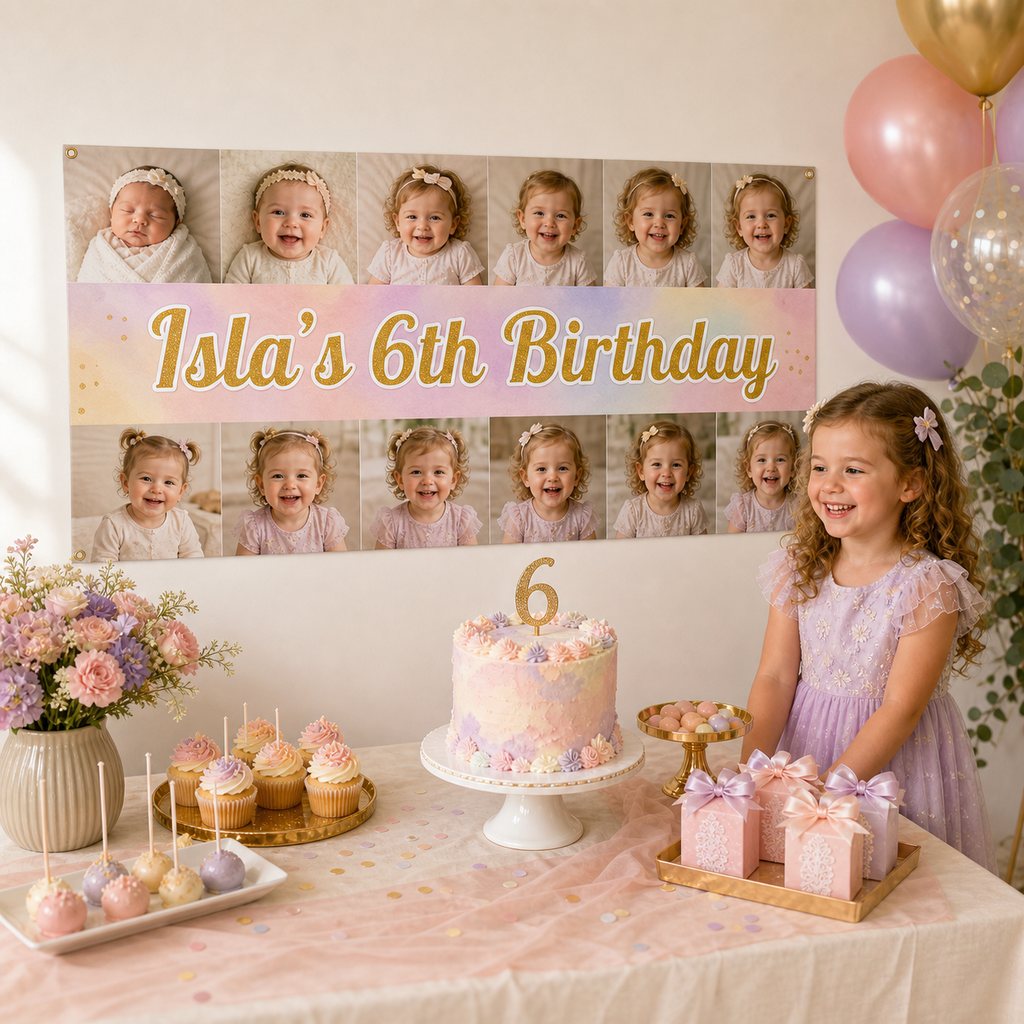 Personalised 6th birthday decorations with a pastel rainbow photo collage banner, cake, cupcakes and matching party favours.