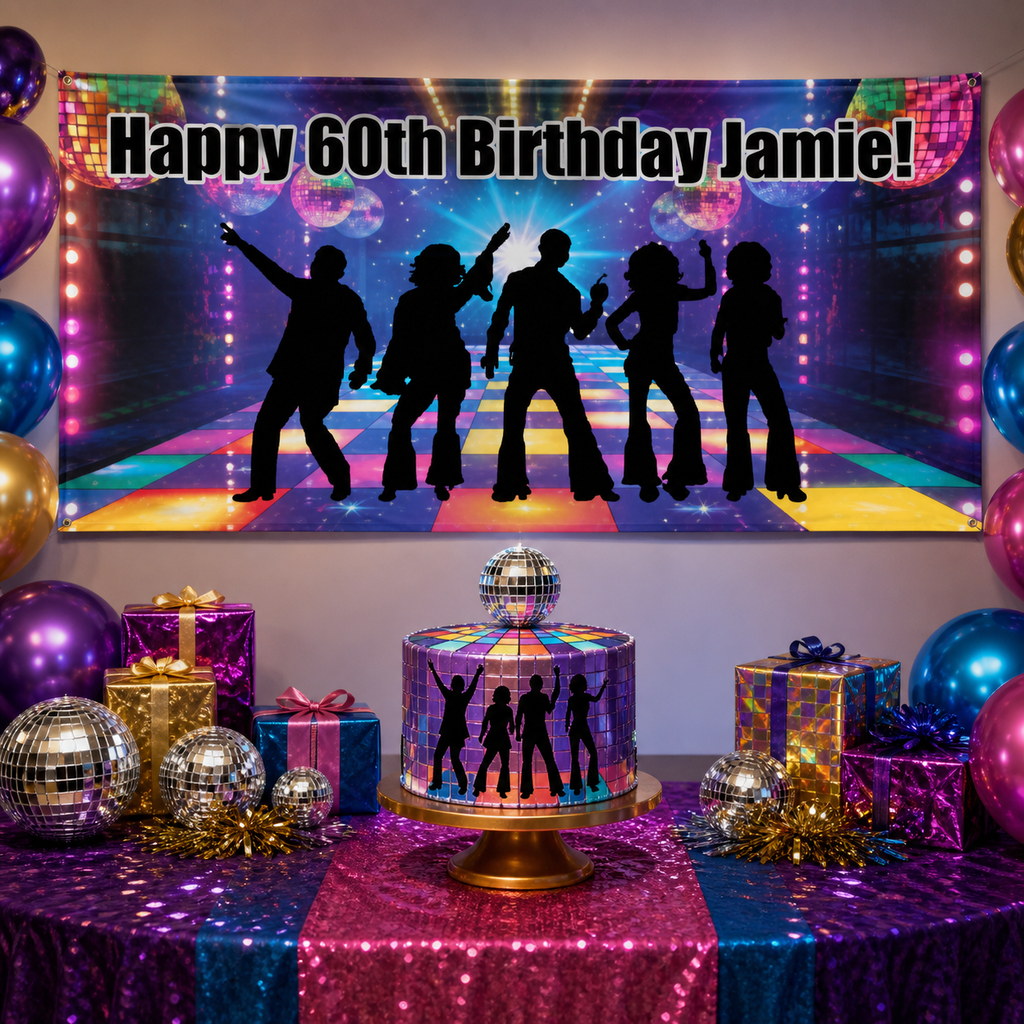 Personalised 70s disco birthday decorations with Jamie's 60th birthday banner, matching cake and colourful styling