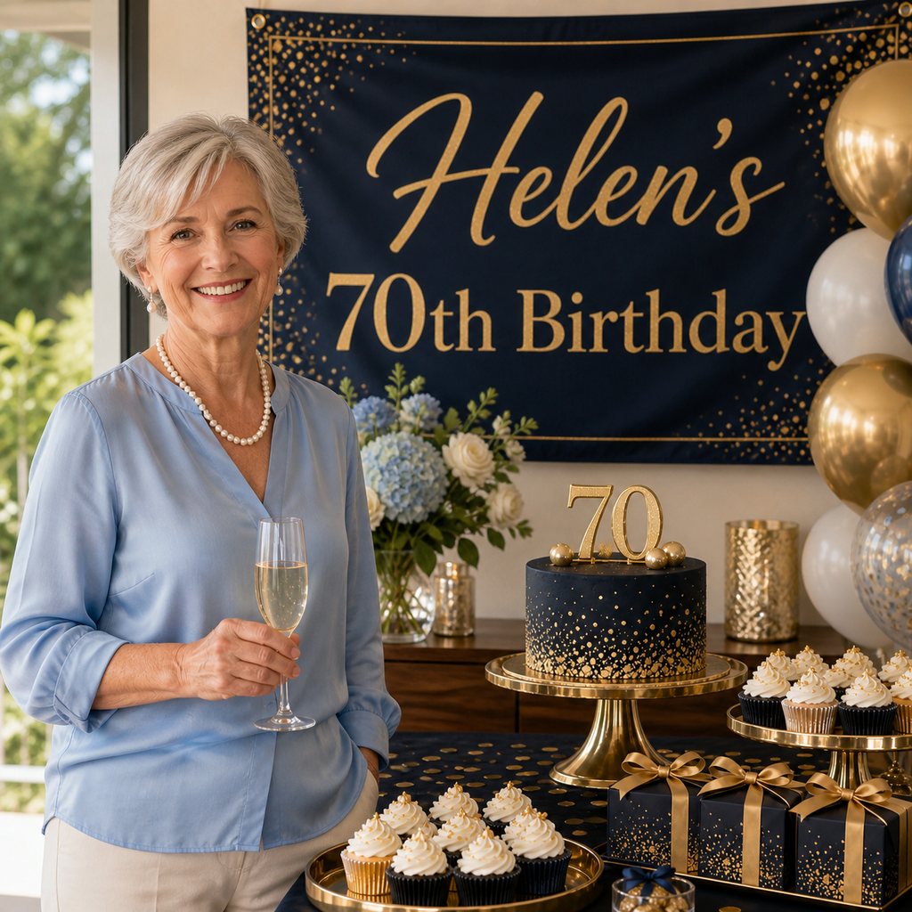 Personalised 70th birthday decorations with a navy and gold custom photo banner, cake, cupcakes and matching party favours.