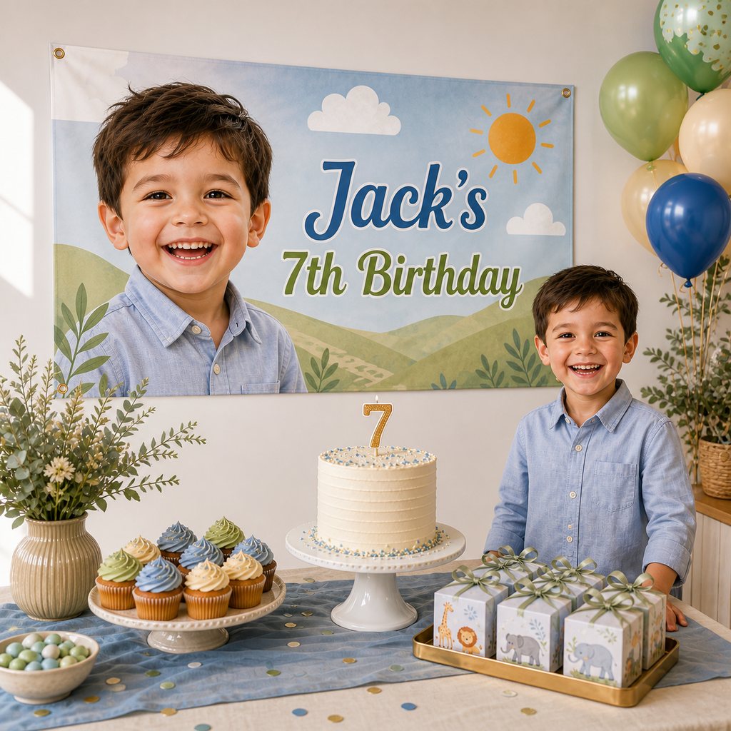 Personalised 7th birthday decorations with a blue and sage custom photo banner, cake, cupcakes and matching party favours.