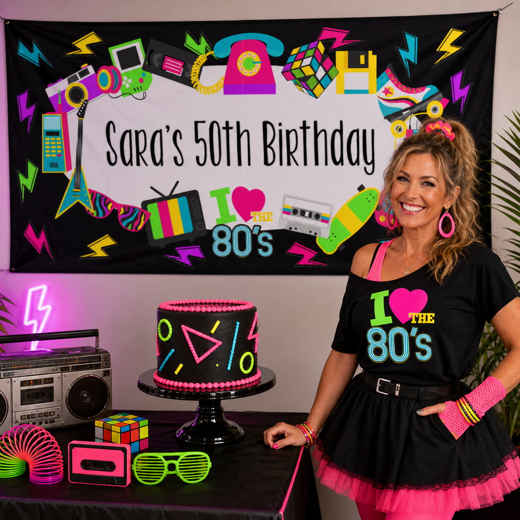 Personalised 80s birthday decorations with Sara's neon retro banner and matching cake