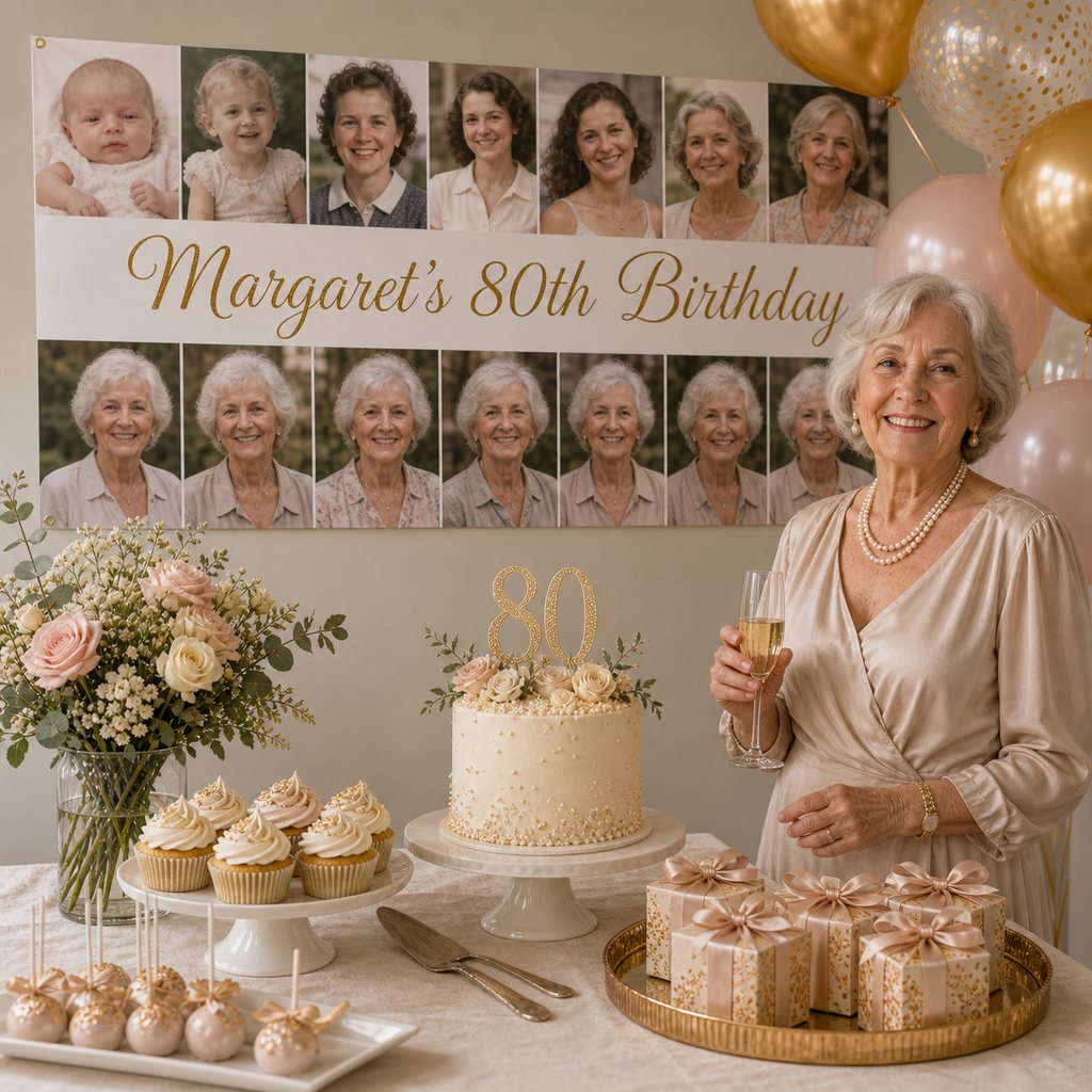 Personalised 80th birthday decorations with a champagne and blush photo collage banner, cake, cupcakes and matching party favours.