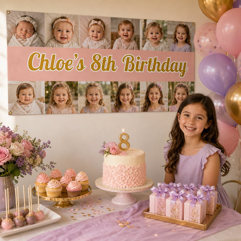 Personalised 8th birthday decorations with a pink and purple photo collage banner, cake, cupcakes and matching party favours.