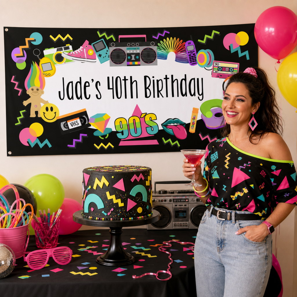 Personalised 90s birthday decorations with Jade's colourful retro banner and matching cake