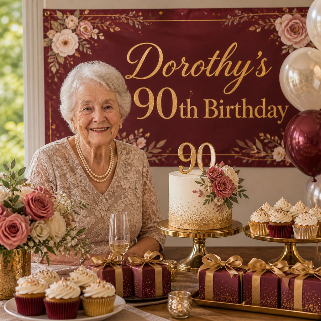 Personalised 90th birthday decorations with a burgundy and gold custom photo banner, cake, cupcakes and matching party favours.