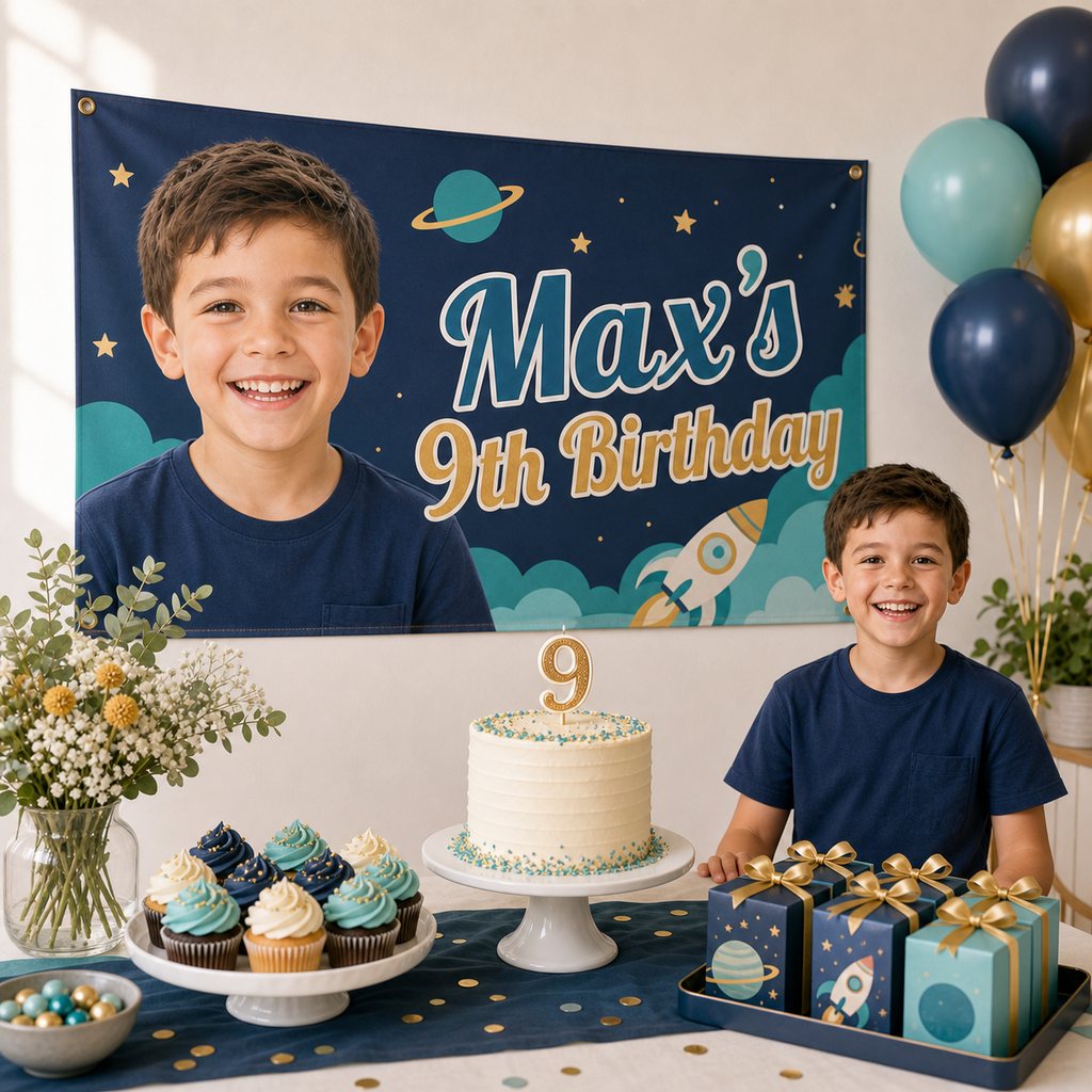 Personalised 9th birthday decorations with a navy and teal space-themed custom photo banner, cake, cupcakes and matching party favours.