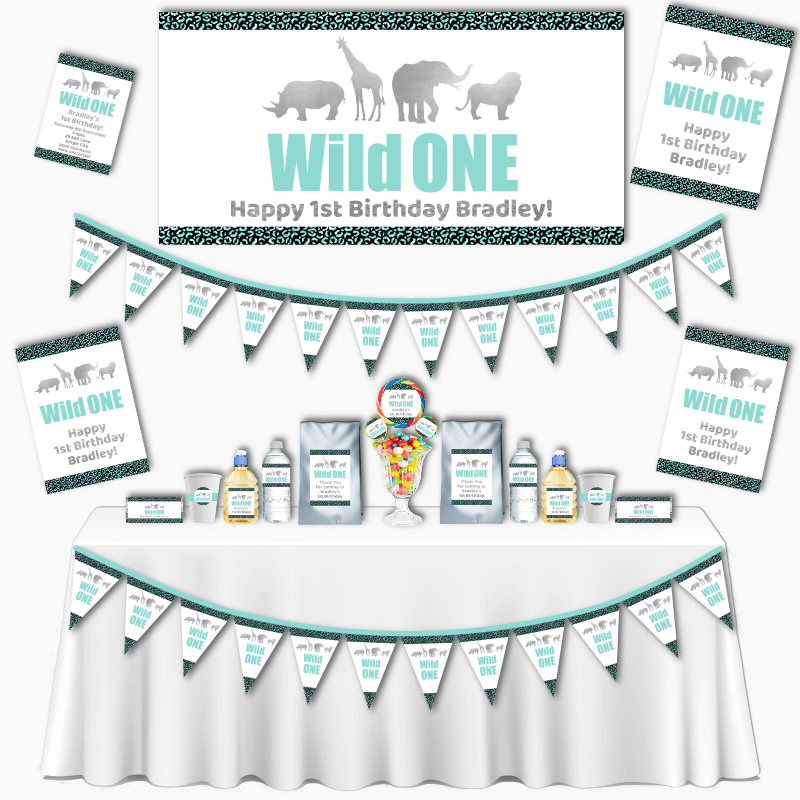 Personalised Aqua & Silver Wild One Birthday Party Decorations