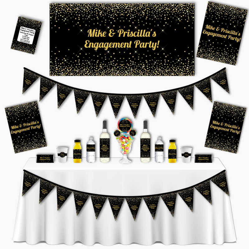 Personalised Black & Gold Confetti Engagement Party Decorations